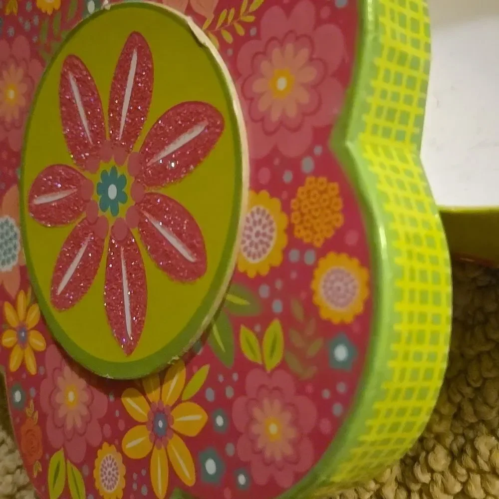 Floral Flower Accessory Box Organizer Pink Green Glitter Trinket Office Mini